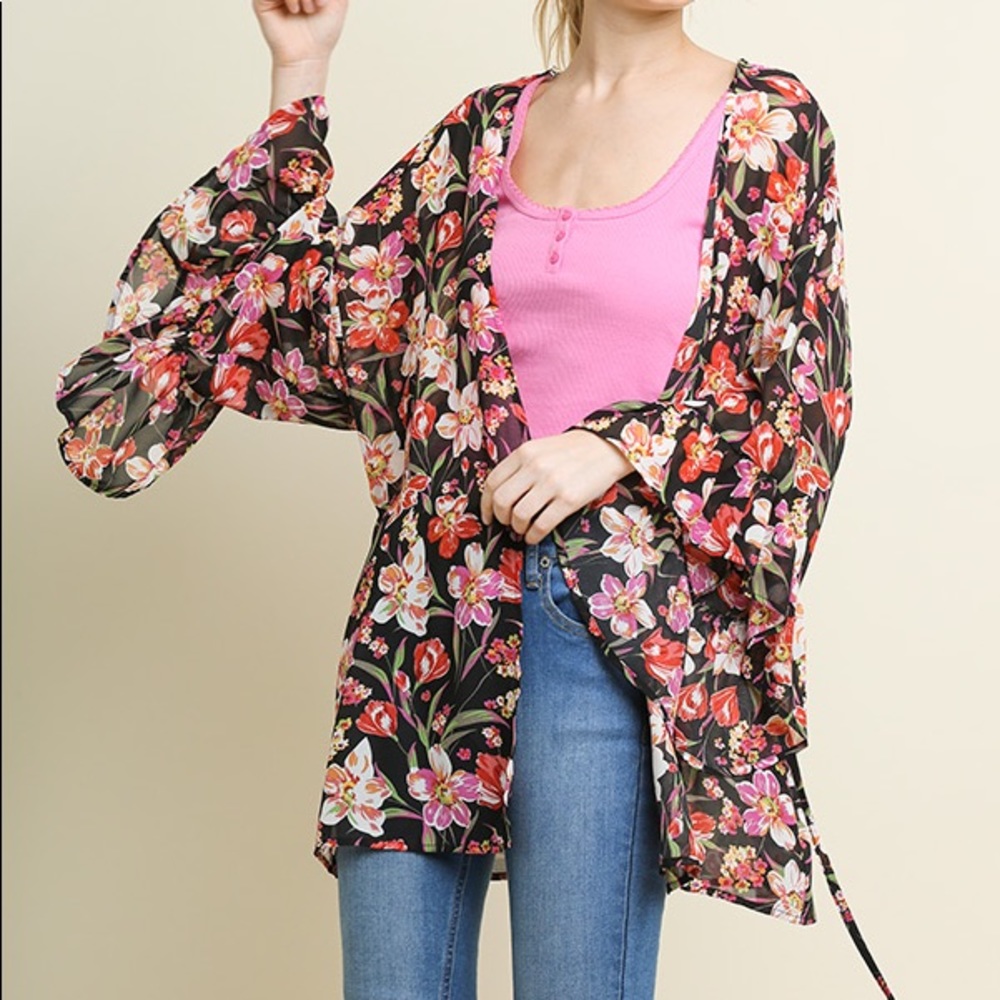 Umgee sheer ruffled wide sleeve kimono w/ tie NWT